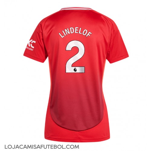 Camisa de Futebol Manchester United Victor Lindelof #2 Equipamento Principal Mulheres 2024-25 Manga Curta